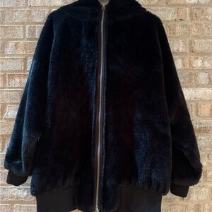 Free People Turn Up Hooded Teddy Mink Black Faux Fur Jacket